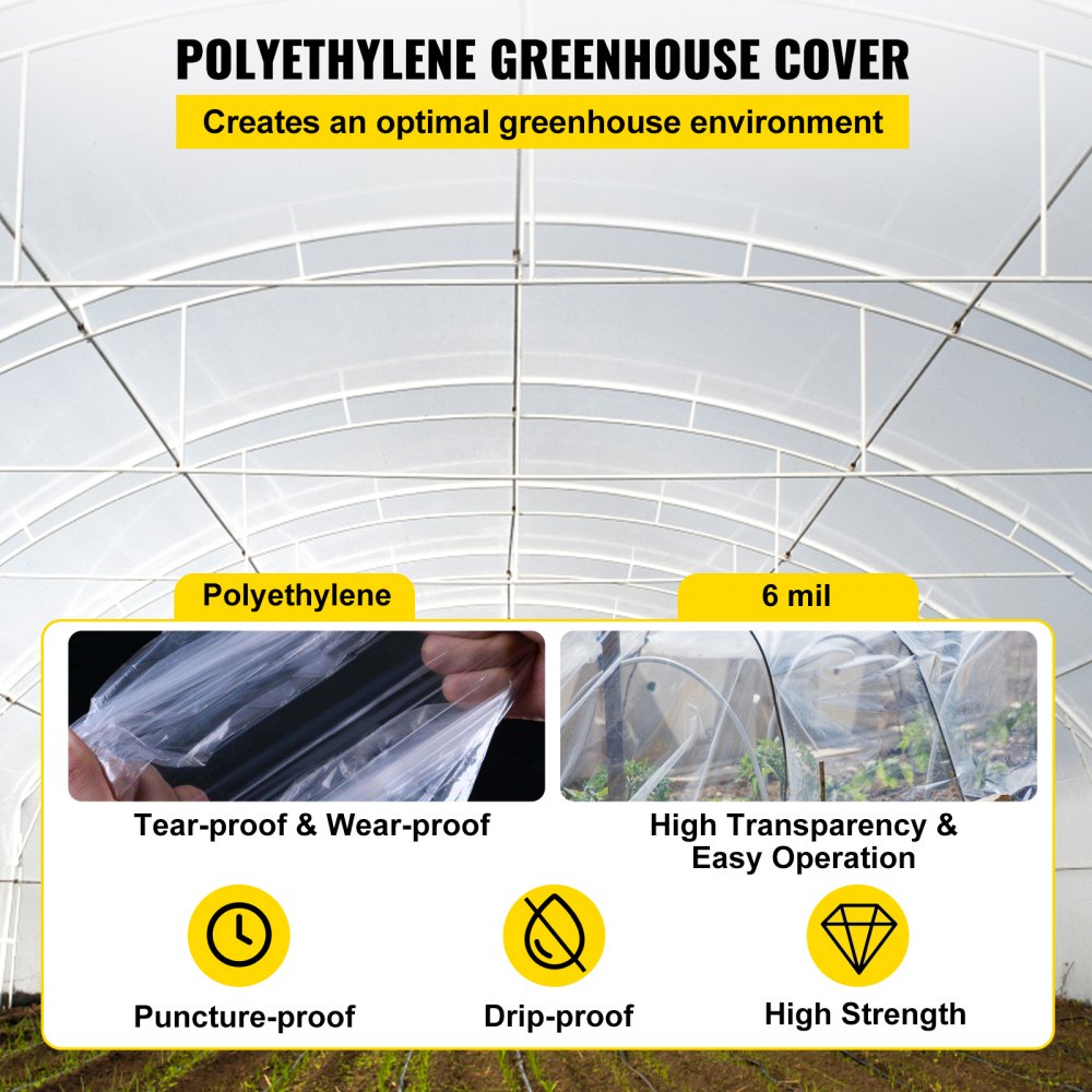 VEVOR Película para Invernadero de 3,05 x 30,5 m, Cubierta de Polietileno Transparente Espesor 0,15 mm, Película de plástico agrícola Resistente a los Rayos UV para Jardinería, Agricultura y Ganadería