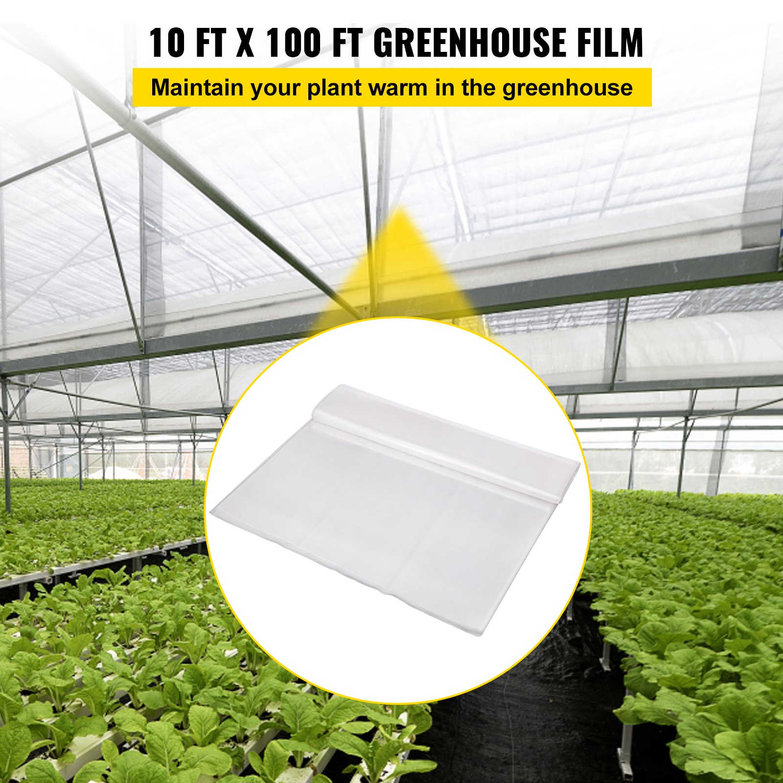 VEVOR Película para Invernadero de 3,05 x 30,5 m, Cubierta de Polietileno Transparente Espesor 0,15 mm, Película de plástico agrícola Resistente a los Rayos UV para Jardinería, Agricultura y Ganadería