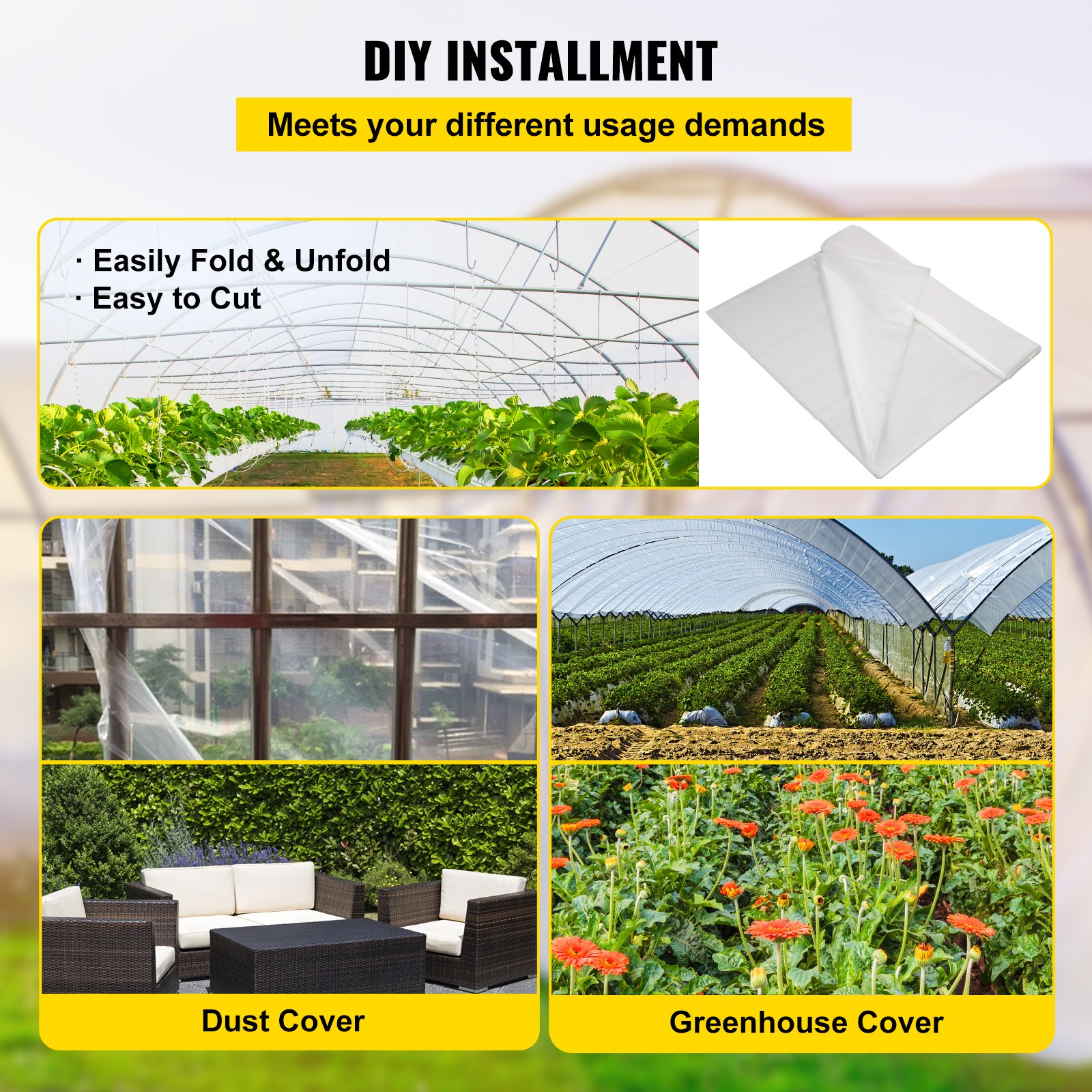 VEVOR Película para Invernadero de 3,05 x 30,5 m, Cubierta de Polietileno Transparente Espesor 0,15 mm, Película de plástico agrícola Resistente a los Rayos UV para Jardinería, Agricultura y Ganadería
