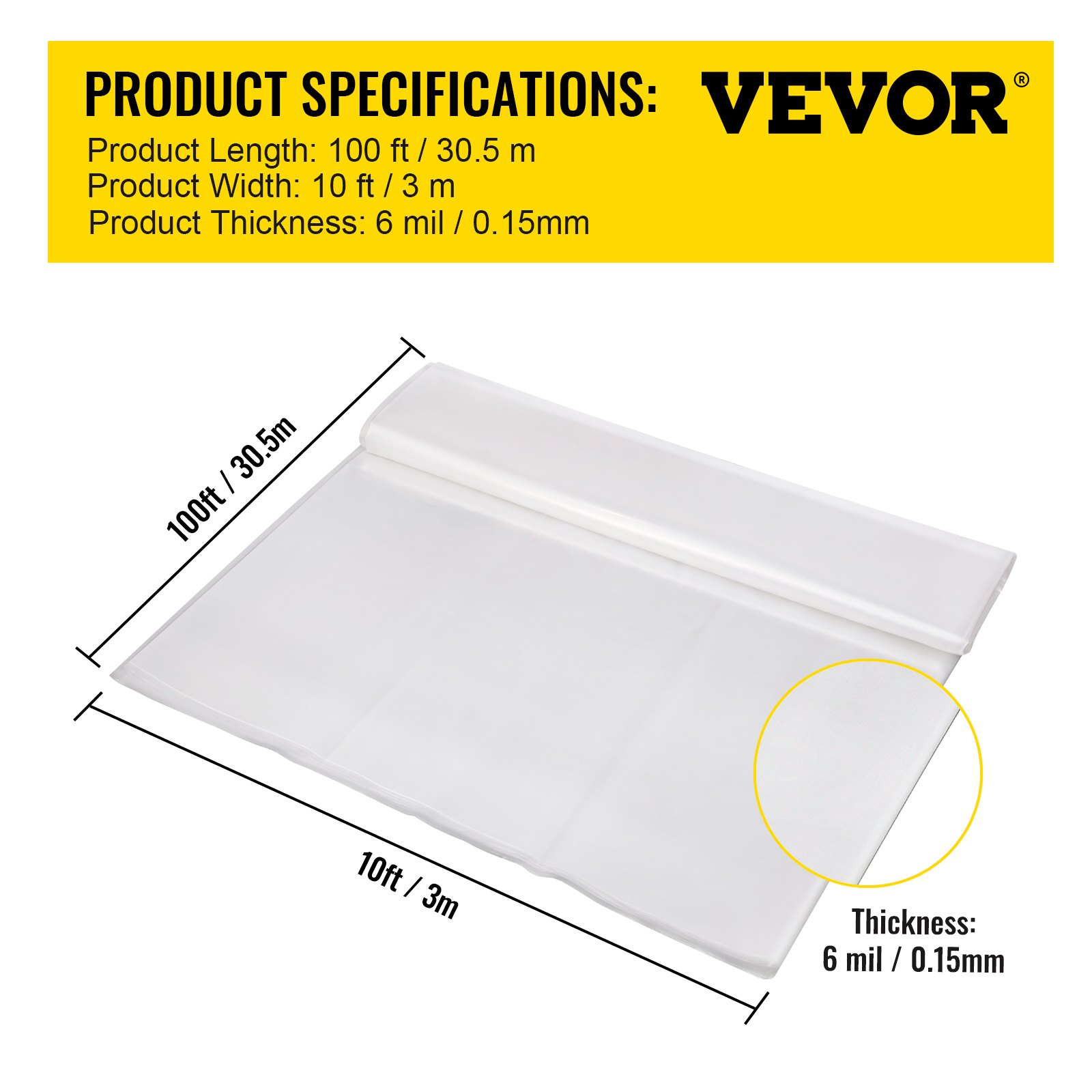 VEVOR Película para Invernadero de 3,05 x 30,5 m, Cubierta de Polietileno Transparente Espesor 0,15 mm, Película de plástico agrícola Resistente a los Rayos UV para Jardinería, Agricultura y Ganadería