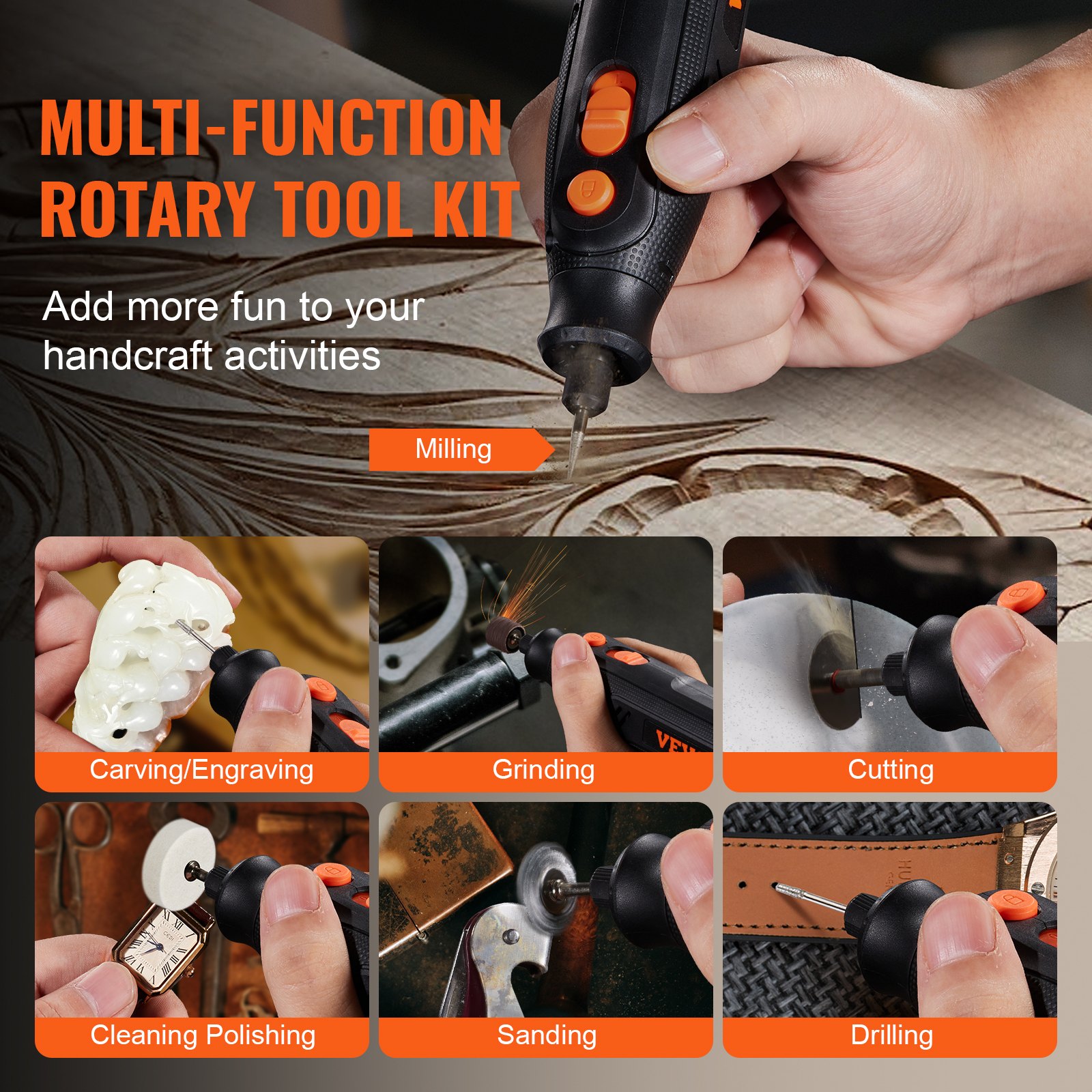 VEVOR Herramienta Rotativa Multifunción 4 V Kit de Herramienta Rotativa sin Cable 5000-25000 rpm Velocidad Variable 118 PCS Accesorios para Esmerilar Pulir Fresar Tallar Cortar Limpiar Carga Rápida