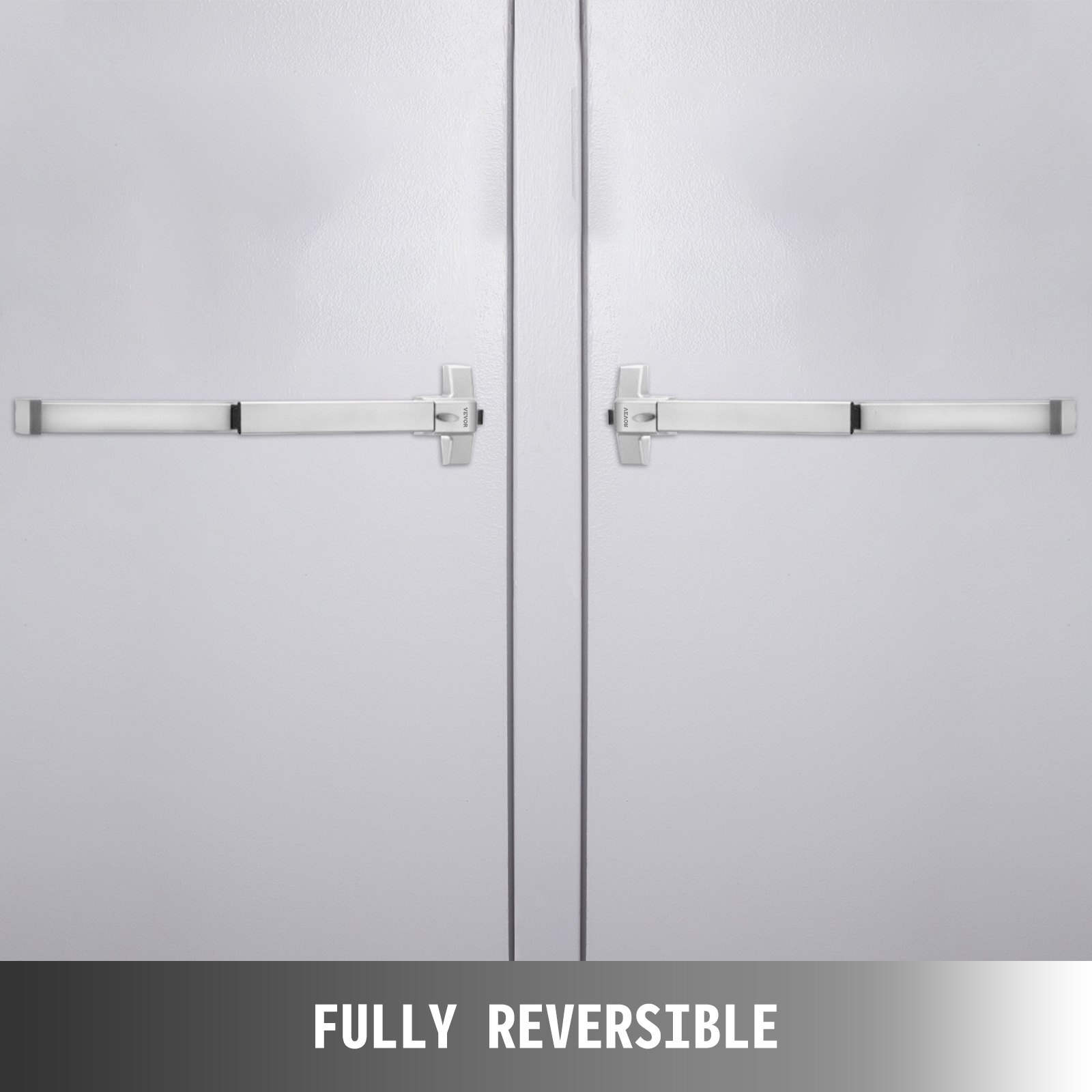 Barra antipánico VEVOR en puertas dobles blancas con diseño totalmente reversible