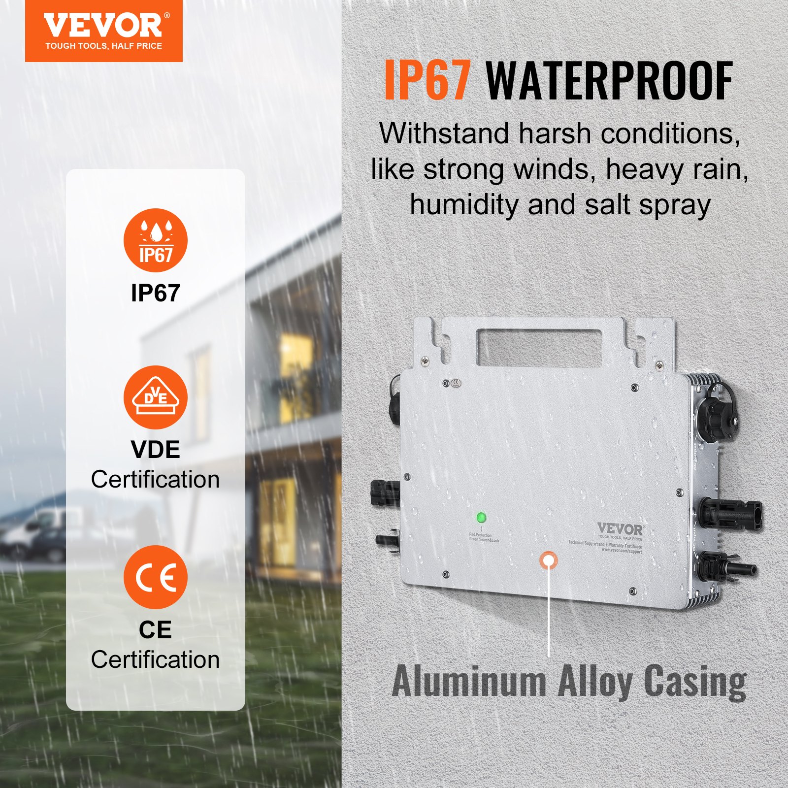 VEVOR Micro Inversor Solar Conexión a Red 800W Microinversor Solar IP67 Aleación de Aluminio Impermeable Voltaje CC 18-50V con Antena WiFi APP Cable de Alimentación para Sistemas de Paneles Solares