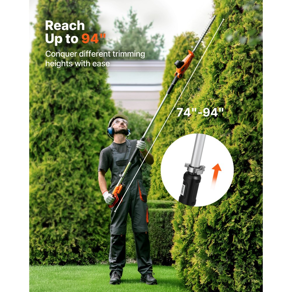 VEVOR Cortasetos Eléctrico Telescópico, Cortasetos a Batería sin Cable, Pértiga Extensible 187,5-238,5 cm, Cabezal Pivotante, Cuchillas de Doble Acción, Correa de Hombro, para Arbustos Setos Plantas