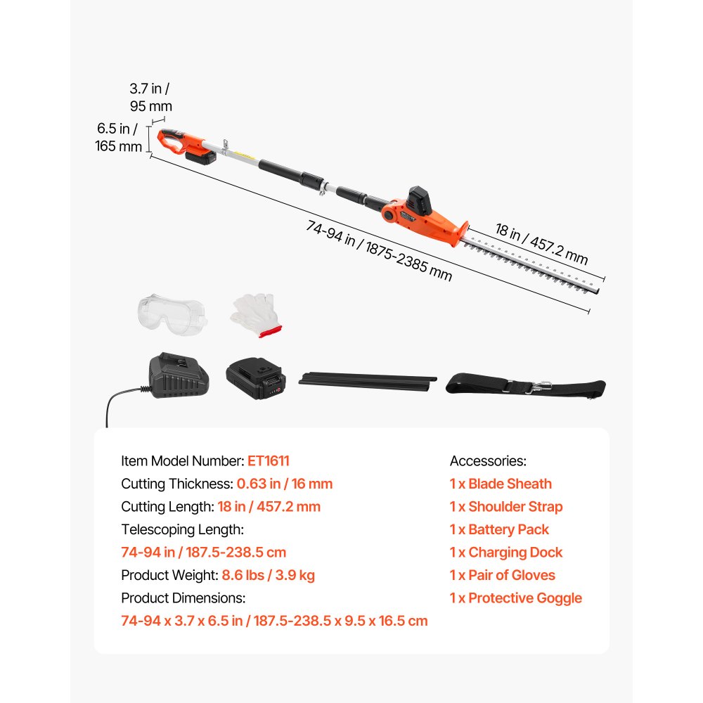 VEVOR Cortasetos Eléctrico Telescópico, Cortasetos a Batería sin Cable, Pértiga Extensible 187,5-238,5 cm, Cabezal Pivotante, Cuchillas de Doble Acción, Correa de Hombro, para Arbustos Setos Plantas