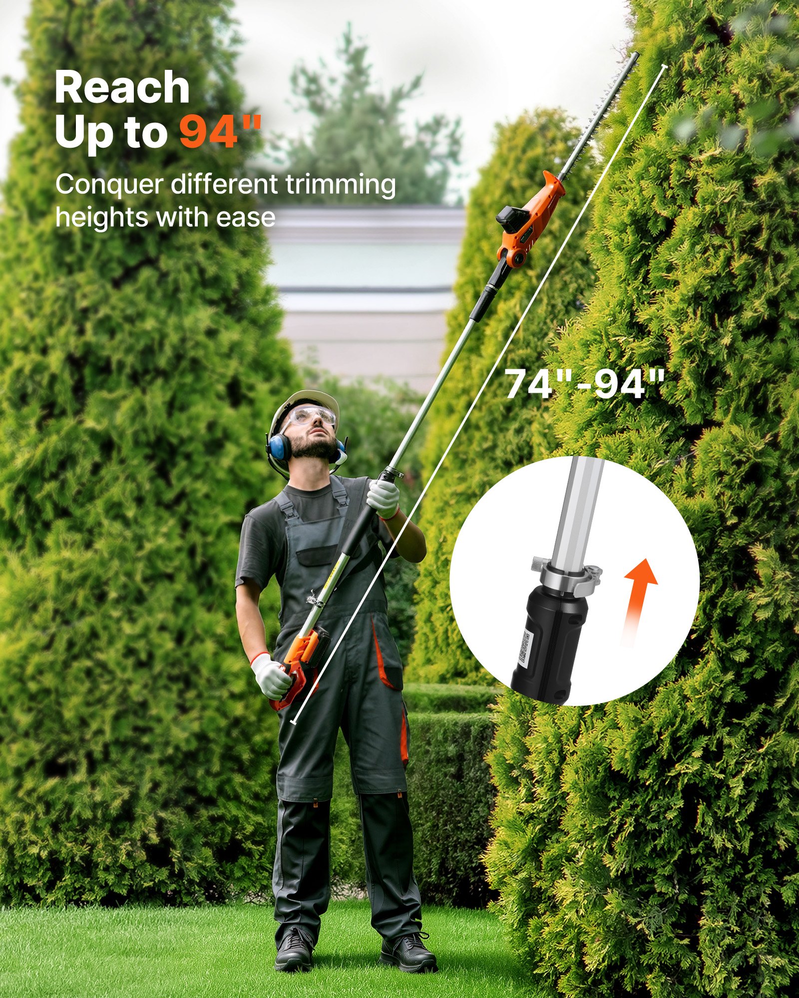 VEVOR Cortasetos Eléctrico Telescópico, Cortasetos a Batería sin Cable, Pértiga Extensible 187,5-238,5 cm, Cabezal Pivotante, Cuchillas de Doble Acción, Correa de Hombro, para Arbustos Setos Plantas