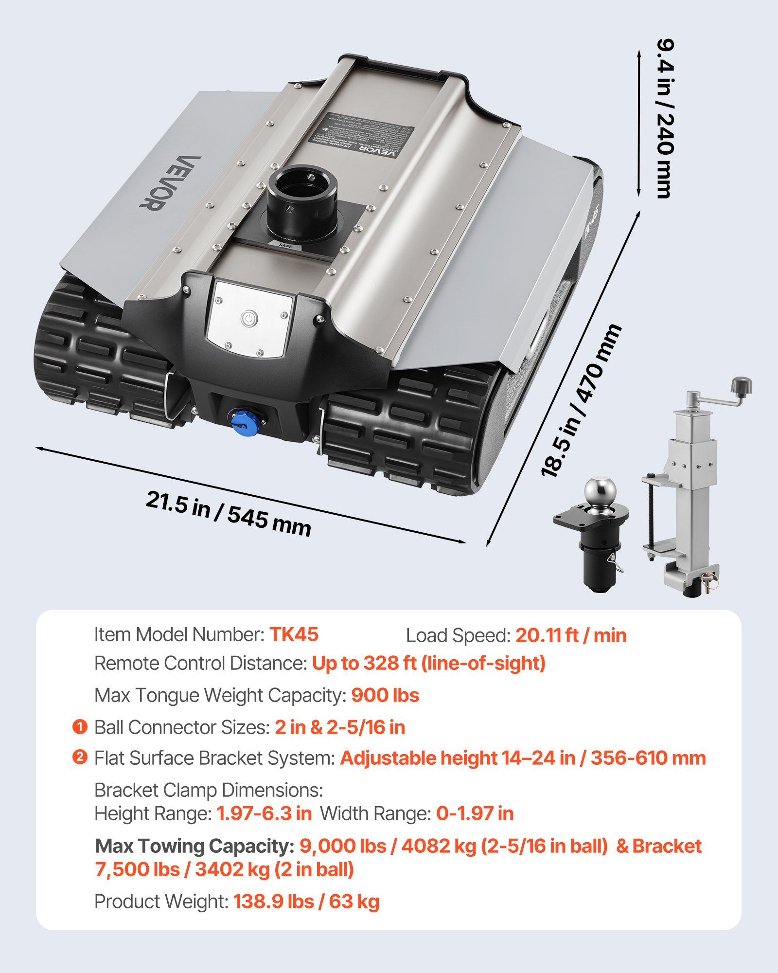 VEVOR Remolque Eléctrico, Capacidad 4082 kg, Control Remoto con Alcance de Radio de 100 m, para Autocaravanas, Caravanas, Barcos y Gatos de Remolque, Velocidad Carga 7 m/min, 545 x 470 x 240 mm