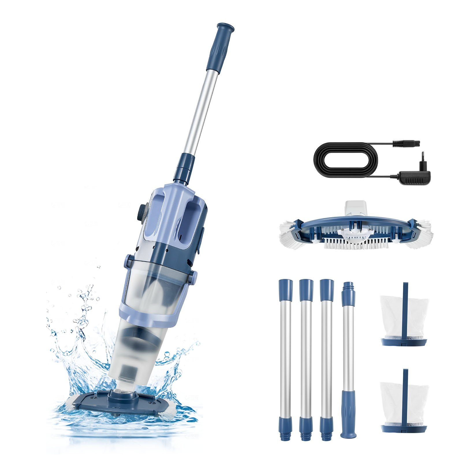 VEVOR Aspiradora de Piscina Eléctrica 100 L/min Limpiafondos Inalámbrico, Aspirador Manual para Limpiar Spa Jacuzzi, Batería Recargable, Tiempo de Funcionamiento de 60 Minutos, Barra de Extensión