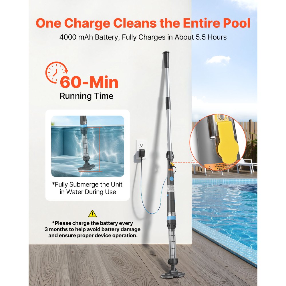 VEVOR Aspirador Manual Eléctrico 32 L/min, Aspirador de Piscina a Batería, con Mango Telescópico y 2 Cabezales Intercambiables, 60 Minutos de Autonomía, Limpiador Inalámbrico Portátil para SPA Piscina
