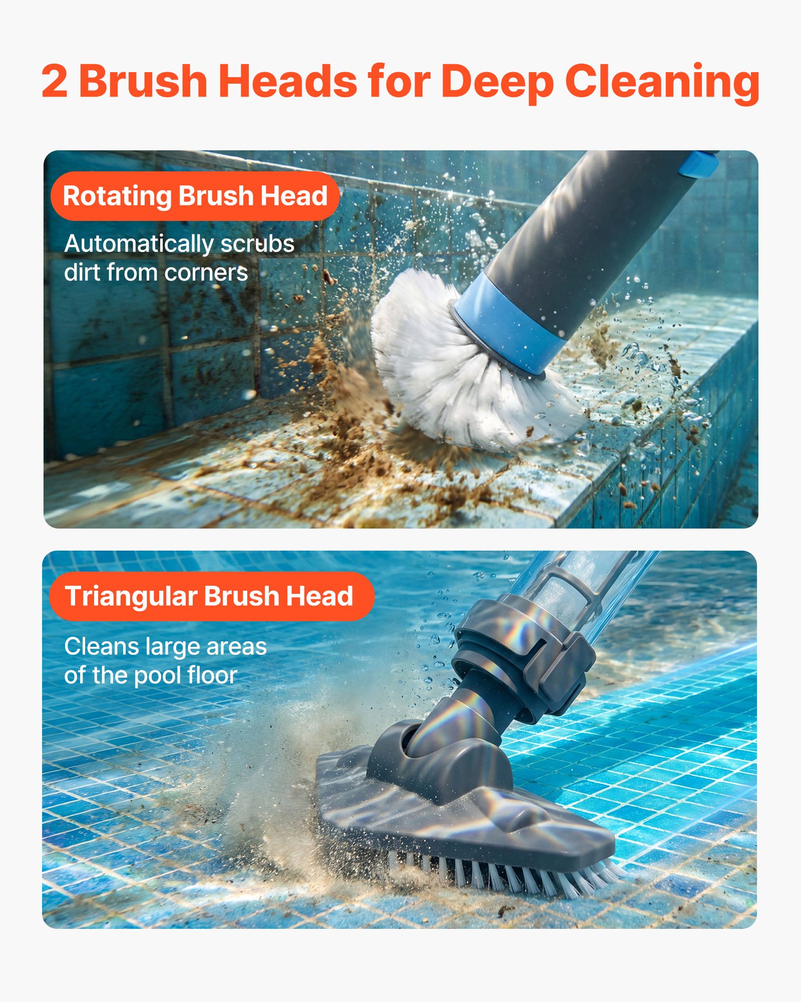 VEVOR Aspirador Manual Eléctrico 32 L/min, Aspirador de Piscina a Batería, con Mango Telescópico y 2 Cabezales Intercambiables, 60 Minutos de Autonomía, Limpiador Inalámbrico Portátil para SPA Piscina