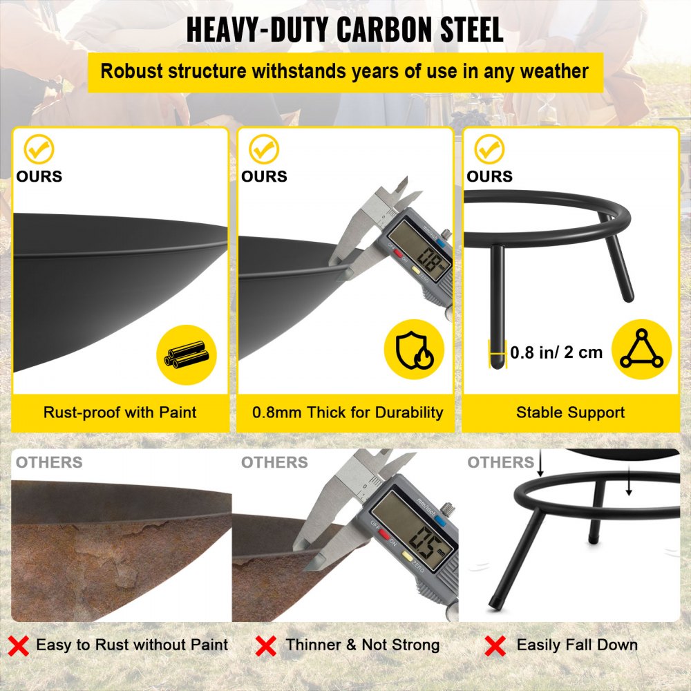 VEVOR Pozo de Fuego Acero al Carbono Pintado de Negro Brasero Grande 3 kg 24 cm de Altura 0,8 mm de Grosor Cuenco para Fogatas al Aire Libre para jardines, patios, parques, patios traseros, porches
