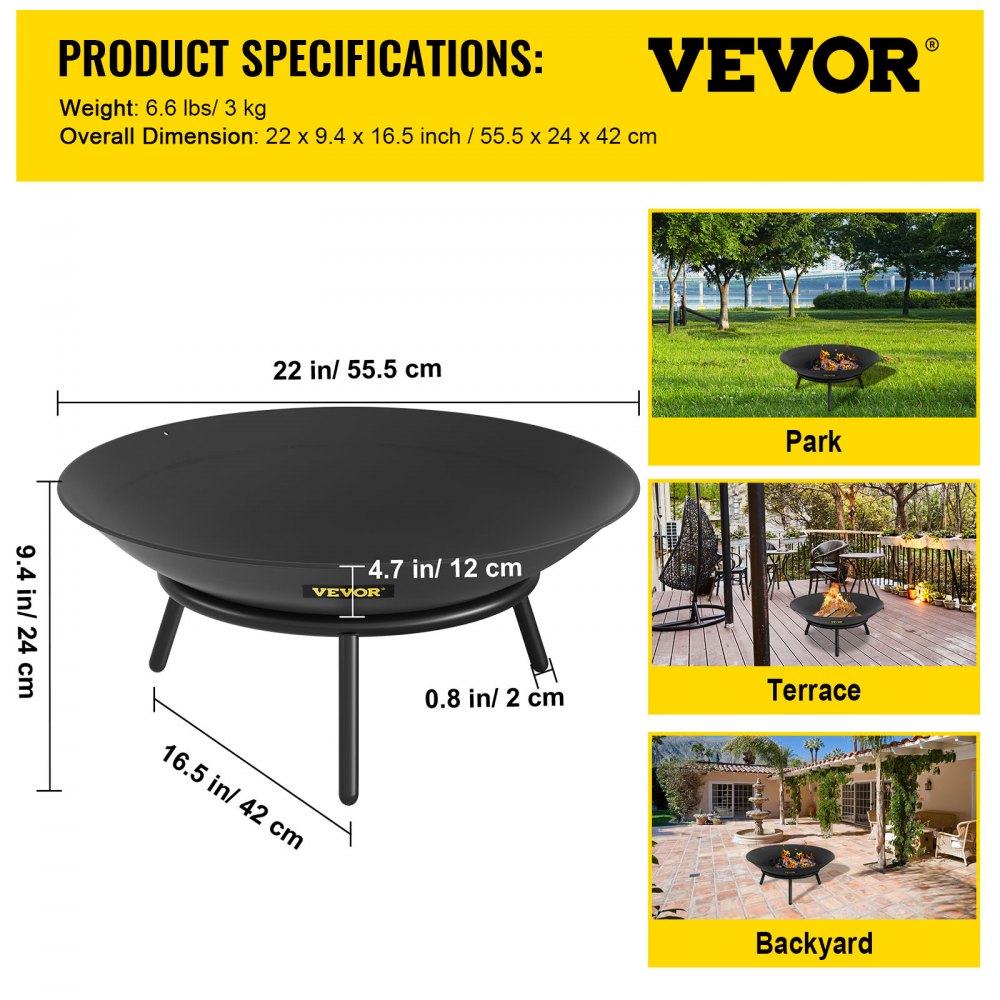 VEVOR Pozo de Fuego Acero al Carbono Pintado de Negro Brasero Grande 3 kg 24 cm de Altura 0,8 mm de Grosor Cuenco para Fogatas al Aire Libre para jardines, patios, parques, patios traseros, porches