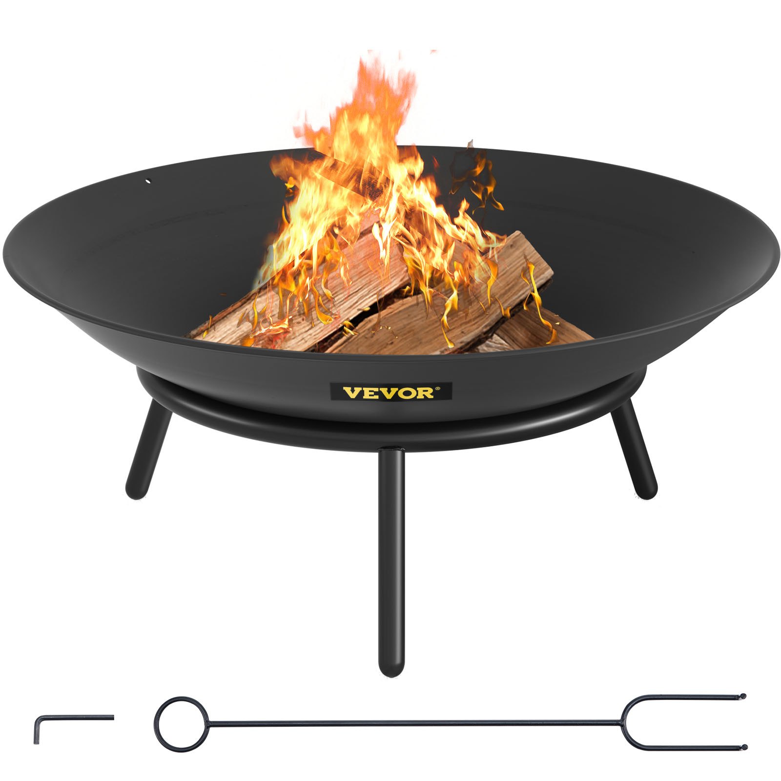 VEVOR Pozo de Fuego Acero al Carbono Pintado de Negro Brasero Grande 3 kg 24 cm de Altura 0,8 mm de Grosor Cuenco para Fogatas al Aire Libre para jardines, patios, parques, patios traseros, porches