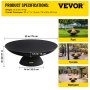 Brasero VEVOR con dimensiones y peso, mostrado en configuraciones de parque, terraza y patio trasero.