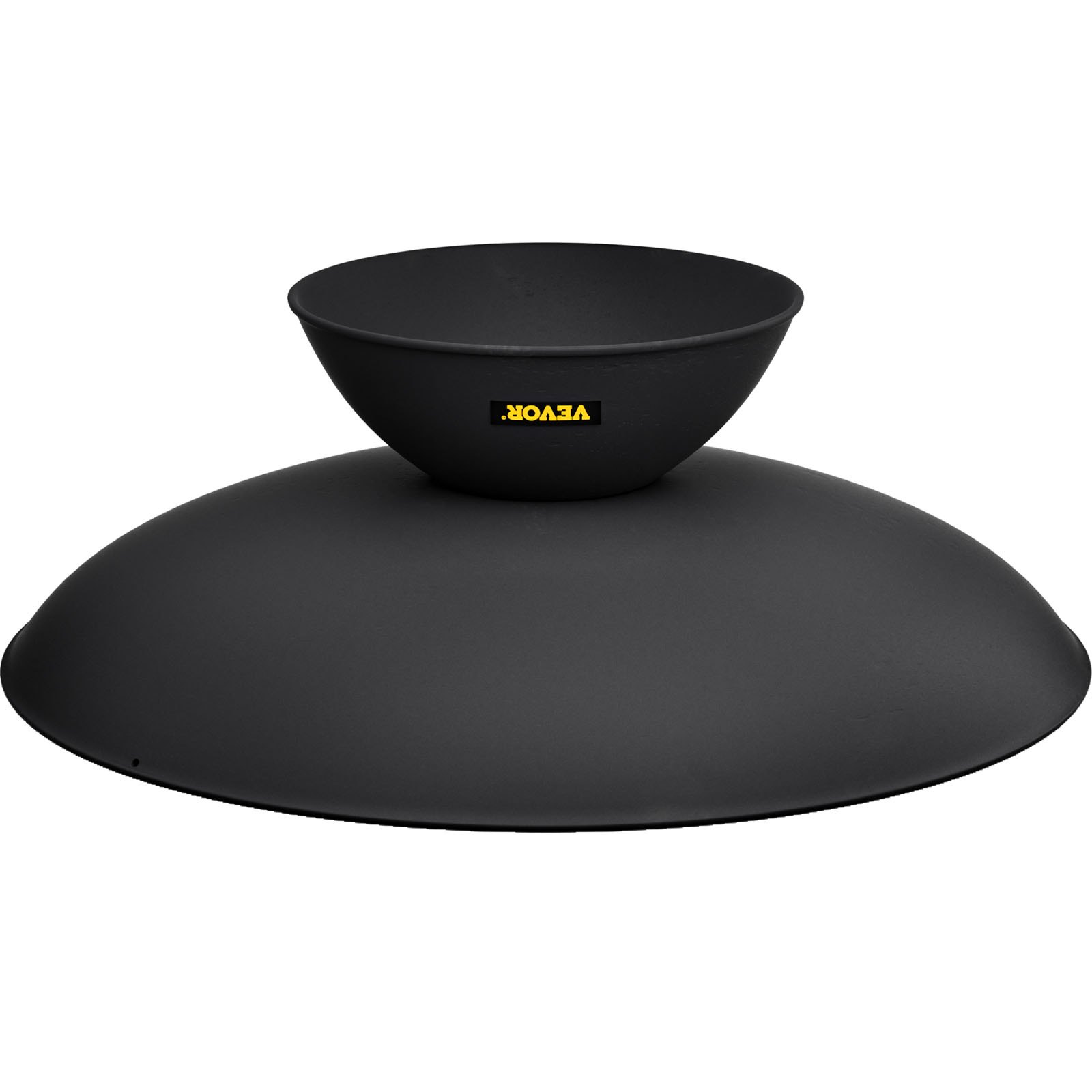 Brasero VEVOR negro con un diseño moderno y redondo y un recipiente resistente sobre una base ancha.
