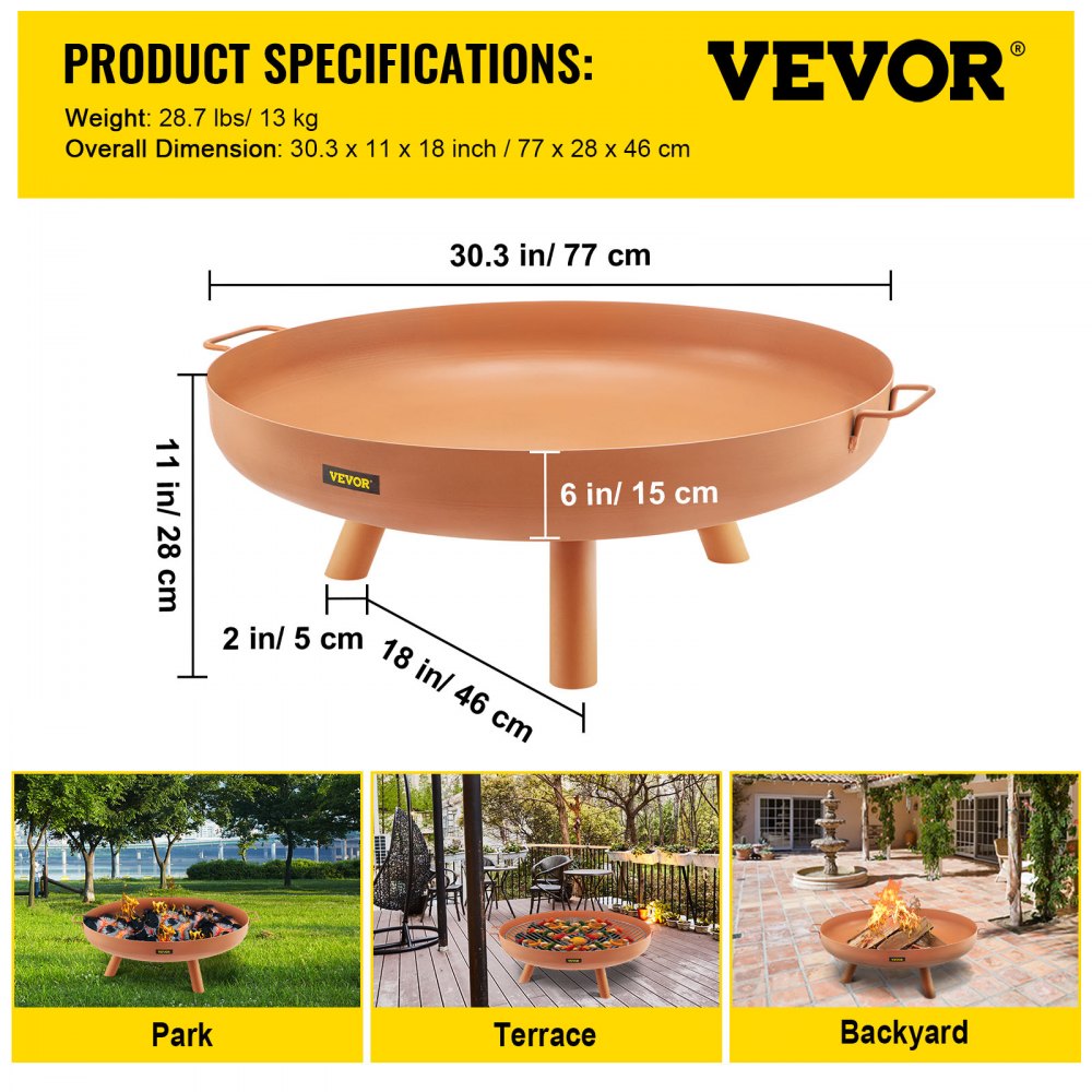 VEVOR Pozo de Fuego Acero al Carbono Pintado Marrón Brasero Grande 13kg 28 cm de Altura 2,3 mm de Grosor Cuenco para Fogatas al Aire Libre paraJardines, Patios, Parques, Patios Traseros, Porches