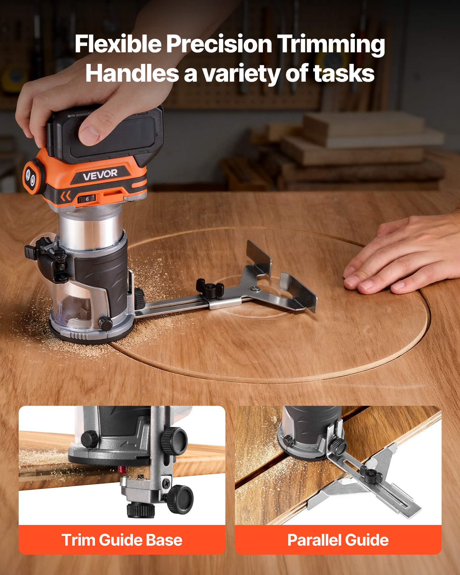 VEVOR Fresadora de Madera Inalámbrica 18 V sin Escobillas, Rebajadora Eléctrica de 6 Velocidades Variables, con Base Fija y Pinza de 6,35 mm, para Perfilar Bordes, Carpintería, Batería No Incluida