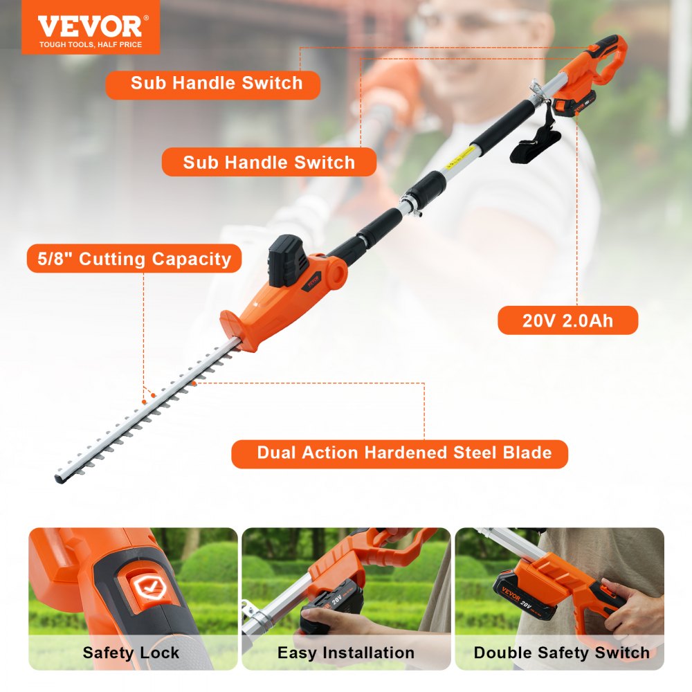 VEVOR Cortasetos a Batería 20 V Cortasetos Inalámbrico Cuchilla de Acero de Doble Filo 45,7 cm Mástil Telescópico 188-239 cm Cortasetos Eléctrico con Cargador Rápido para Plantas Altas