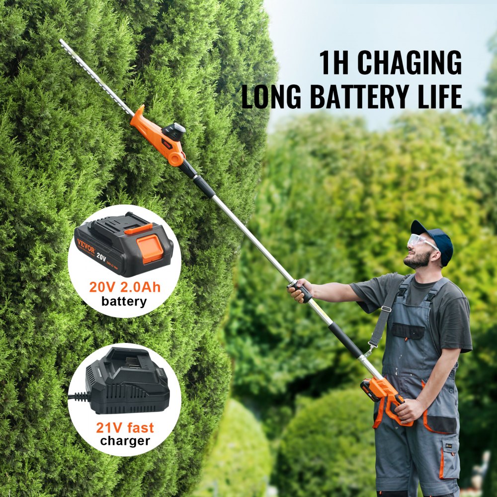 VEVOR Cortasetos a Batería 20 V Cortasetos Inalámbrico Cuchilla de Acero de Doble Filo 45,7 cm Mástil Telescópico 188-239 cm Cortasetos Eléctrico con Cargador Rápido para Plantas Altas