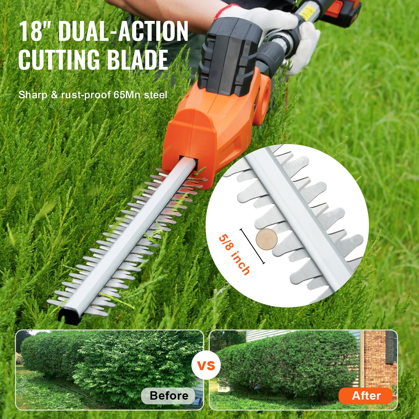 VEVOR Cortasetos a Batería 20 V Cortasetos Inalámbrico Cuchilla de Acero de Doble Filo 45,7 cm Mástil Telescópico 188-239 cm Cortasetos Eléctrico con Cargador Rápido para Plantas Altas