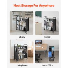 VEVOR Carro para Libros de 3 Niveles Estantería de Libros con Ruedas 97 x 51,5 x 122,5 cm Estante de Almacenamiento en Forma de W Doble Cara Carro Rodante para Biblioteca, Oficina, Escuela, Negro