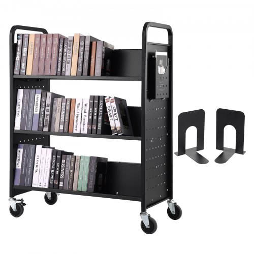 VEVOR Carro para Libros, Carro para Biblioteca con Estante Inclinado de Doble Cara, 150 kg, Forma W, 1000x510x1250 mm, Ruedas Bloqueables, Almacenamiento de Libros y Almacenamiento para Oficina, Negro