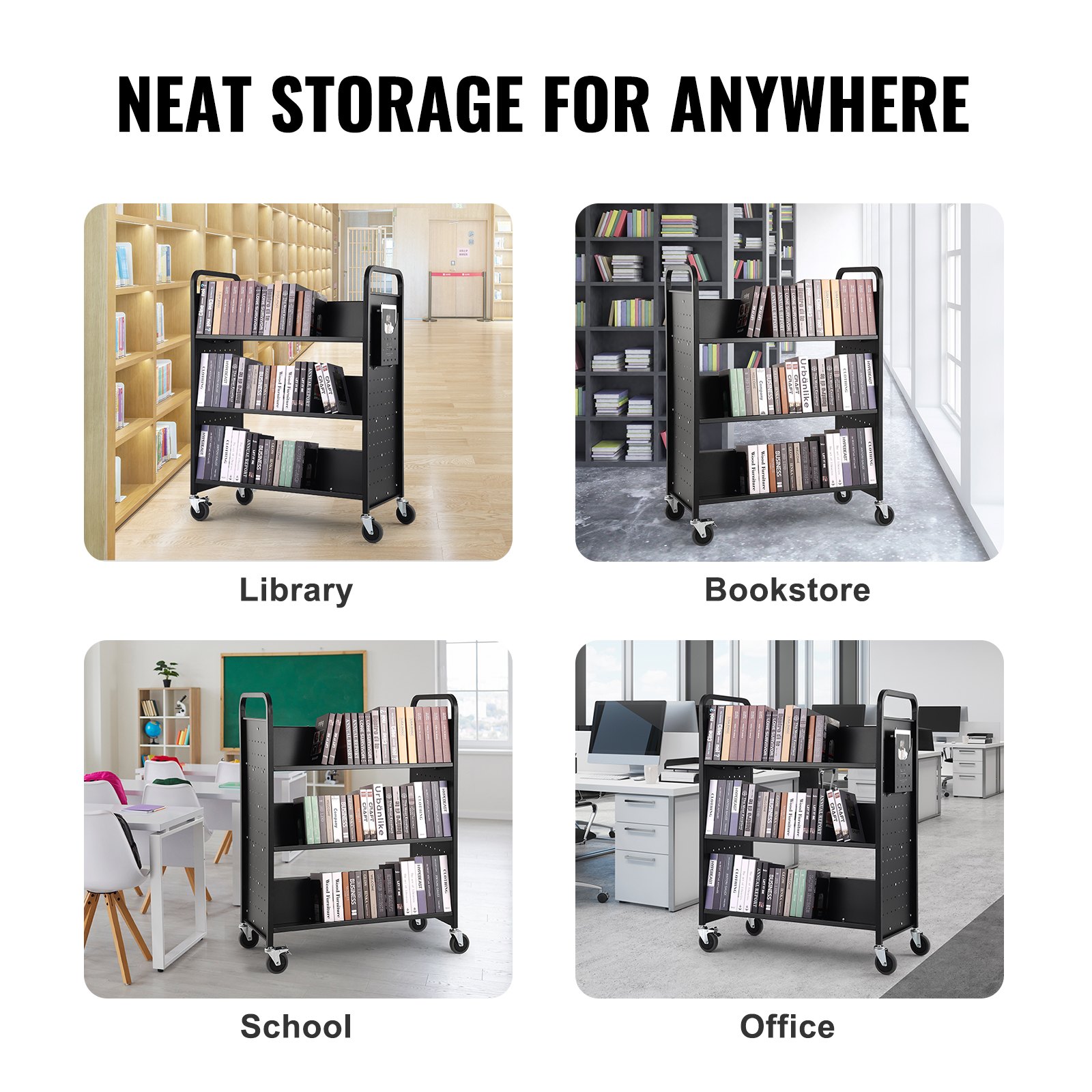 VEVOR Carro para Libros, Carro para Biblioteca con Estante Inclinado de Doble Cara, 150 kg, Forma W, 1000x510x1250 mm, Ruedas Bloqueables, Almacenamiento de Libros y Almacenamiento para Oficina, Negro