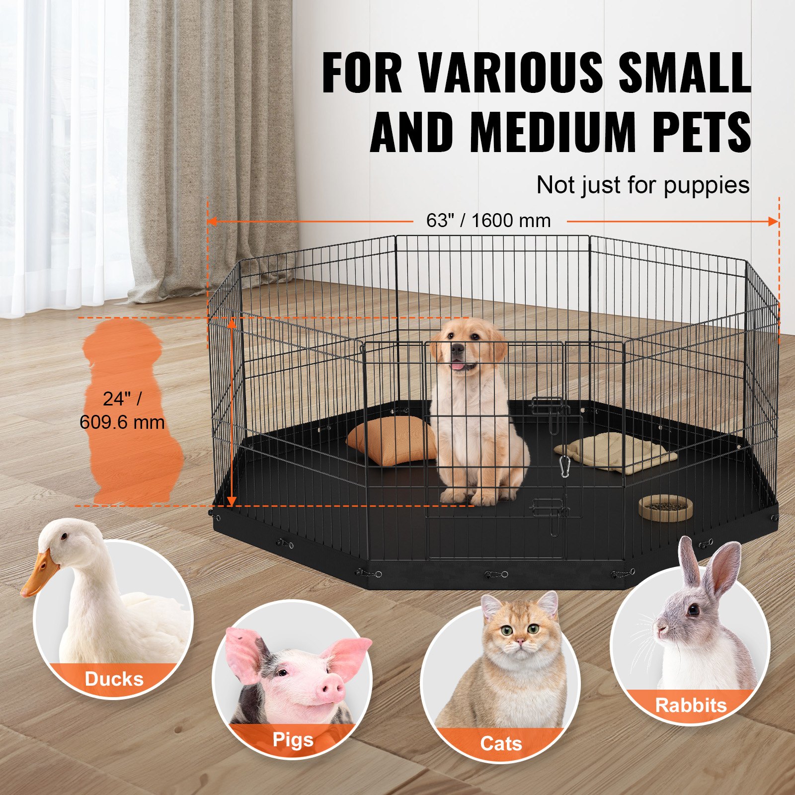 VEVOR Valla para Perros de 61x61 cm, Parque de Juego para Perros, Conejos, Gatos, Cachorros, con Valla para Mascotas Pequeñas y Medianas, 8 Paneles de Malla Metálica Plegables para Camping, Viaje
