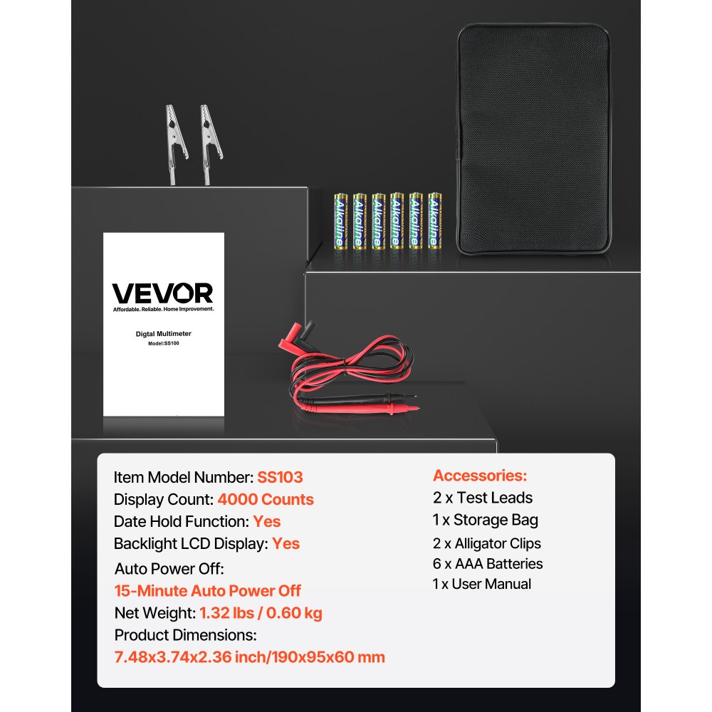 VEVOR Multímetro Digital TRMS, 4000 Cuentas, Voltímetro, Ohmímetro, con Rango Automático Manual Conmutable, Comprobador Voltaje CA/CC 1000 V, Resistencia y Continuidad, 190 x 95 x 60 mm, Negro