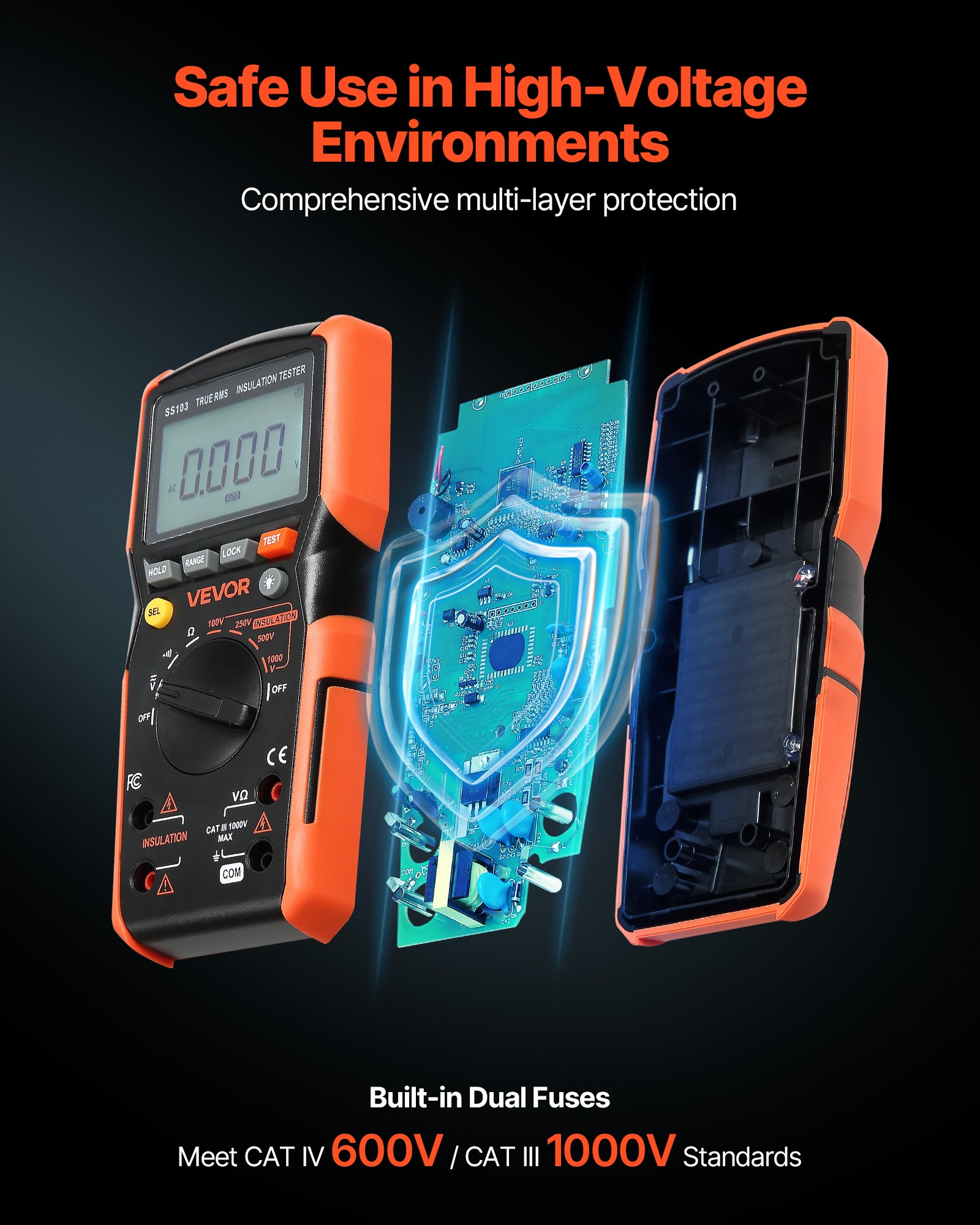 VEVOR Multímetro Digital TRMS, 4000 Cuentas, Voltímetro, Ohmímetro, con Rango Automático Manual Conmutable, Comprobador Voltaje CA/CC 1000 V, Resistencia y Continuidad, 190 x 95 x 60 mm, Negro