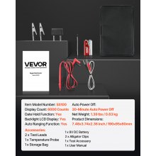 VEVOR Multímetro Digital TRMS, 6000 Cuentas, Voltímetro, Prueba de Voltaje CA/CC, Corriente, Resistencia, Capacitancia, Frecuencia, Temperatura, Continuidad, Baja Impedancia y Ciclo de Trabajo