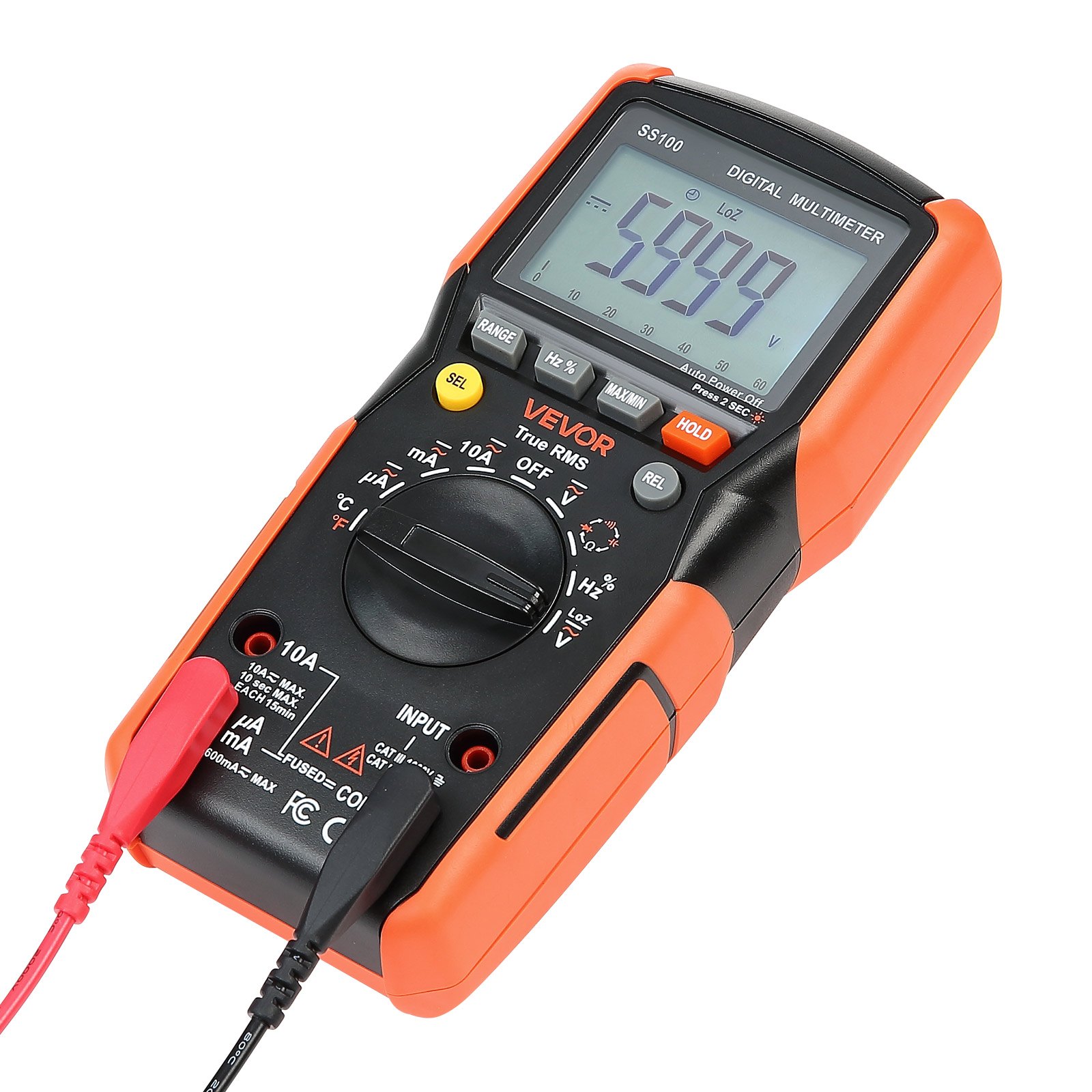 VEVOR Multímetro Digital TRMS, 6000 Cuentas, Voltímetro, Prueba de Voltaje CA/CC, Corriente, Resistencia, Capacitancia, Frecuencia, Temperatura, Continuidad, Baja Impedancia y Ciclo de Trabajo