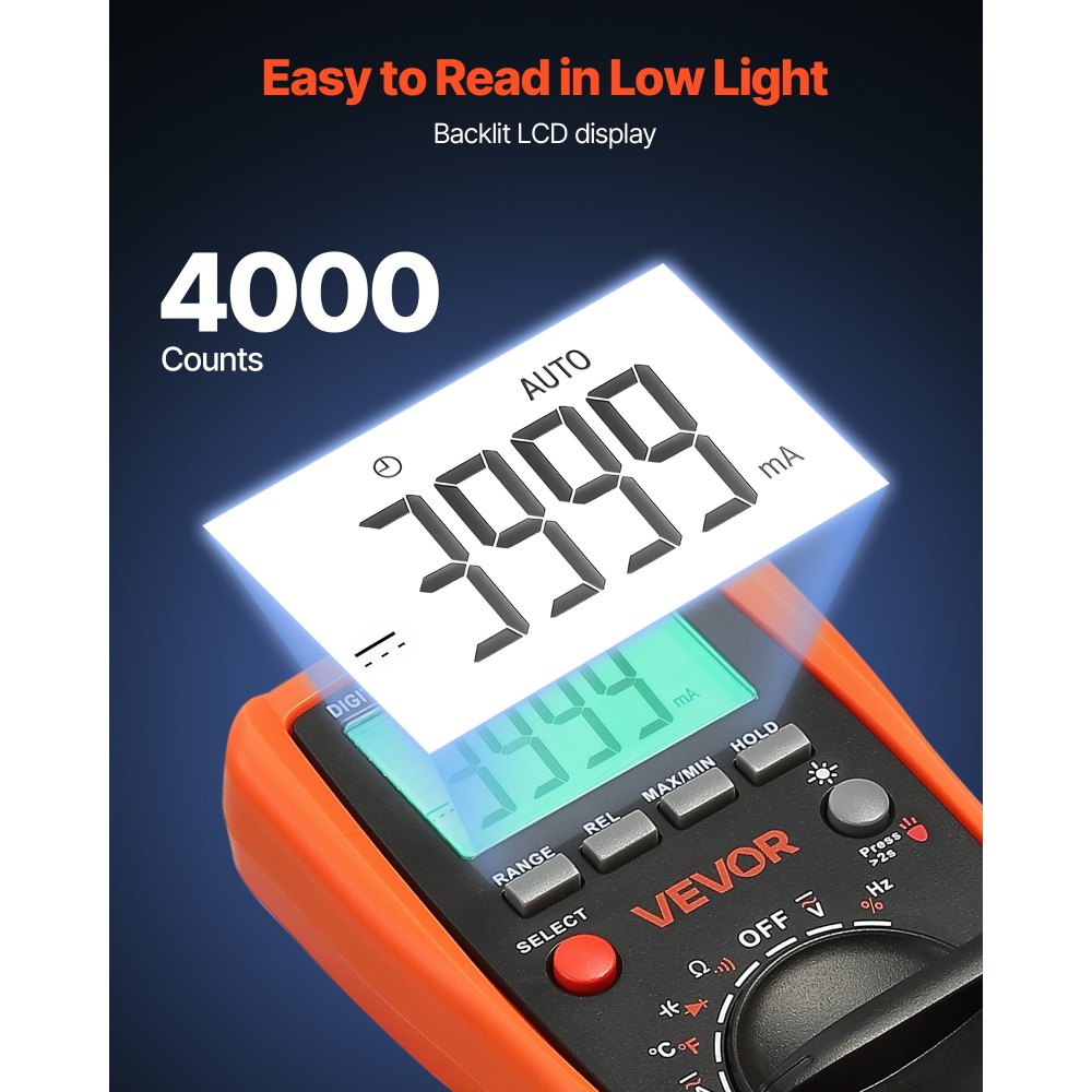 VEVOR Multímetro Digital TRMS, de 4000 Cuentas, Voltímetro, Prueba de Voltaje CA/CC, Corriente, Capacitancia, Frecuencia, Temperatura, Diodos, Continuidad y Ciclo de Trabajo, 168 x 85 x 38 mm