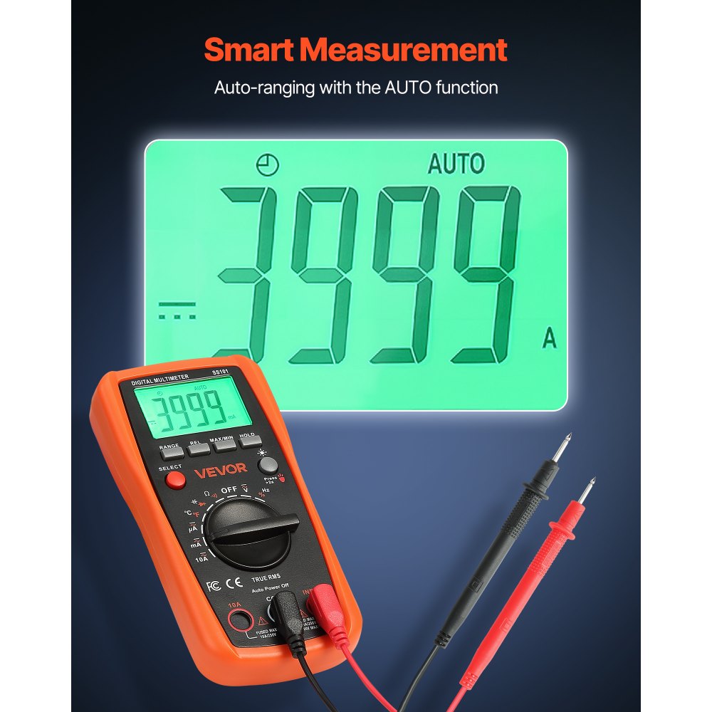 VEVOR Multímetro Digital TRMS, de 4000 Cuentas, Voltímetro, Prueba de Voltaje CA/CC, Corriente, Capacitancia, Frecuencia, Temperatura, Diodos, Continuidad y Ciclo de Trabajo, 168 x 85 x 38 mm