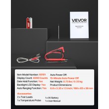 VEVOR Multímetro Digital TRMS, de 4000 Cuentas, Voltímetro, Prueba de Voltaje CA/CC, Corriente, Capacitancia, Frecuencia, Temperatura, Diodos, Continuidad y Ciclo de Trabajo, 168 x 85 x 38 mm