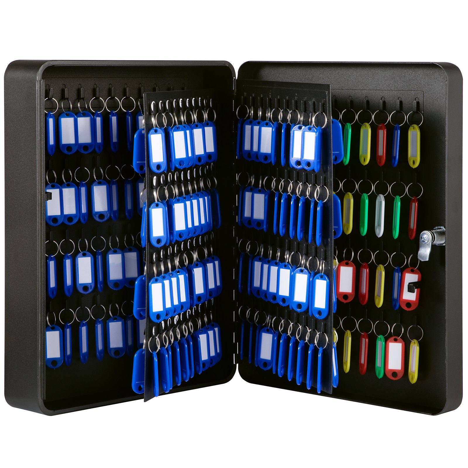Armario para llaves VEVOR con etiquetas de llaves de colores organizadas dentro de una caja de metal negra.