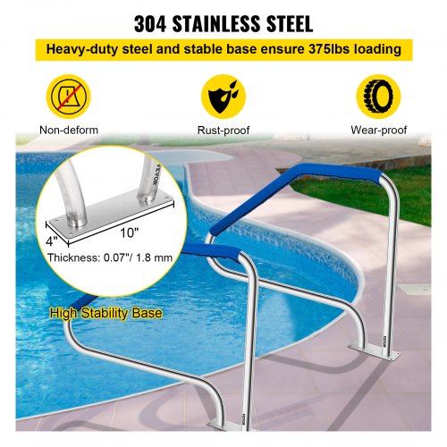 VEVOR Barandilla para Piscina con Placa Base Acero Inoxidable Baranda de Piscina 125,5 x 86,4 cm Pasamanos Fácil Montaje con Cubierta de Nilón para Piscina Sauna Parque Acuático Interior y Exterior
