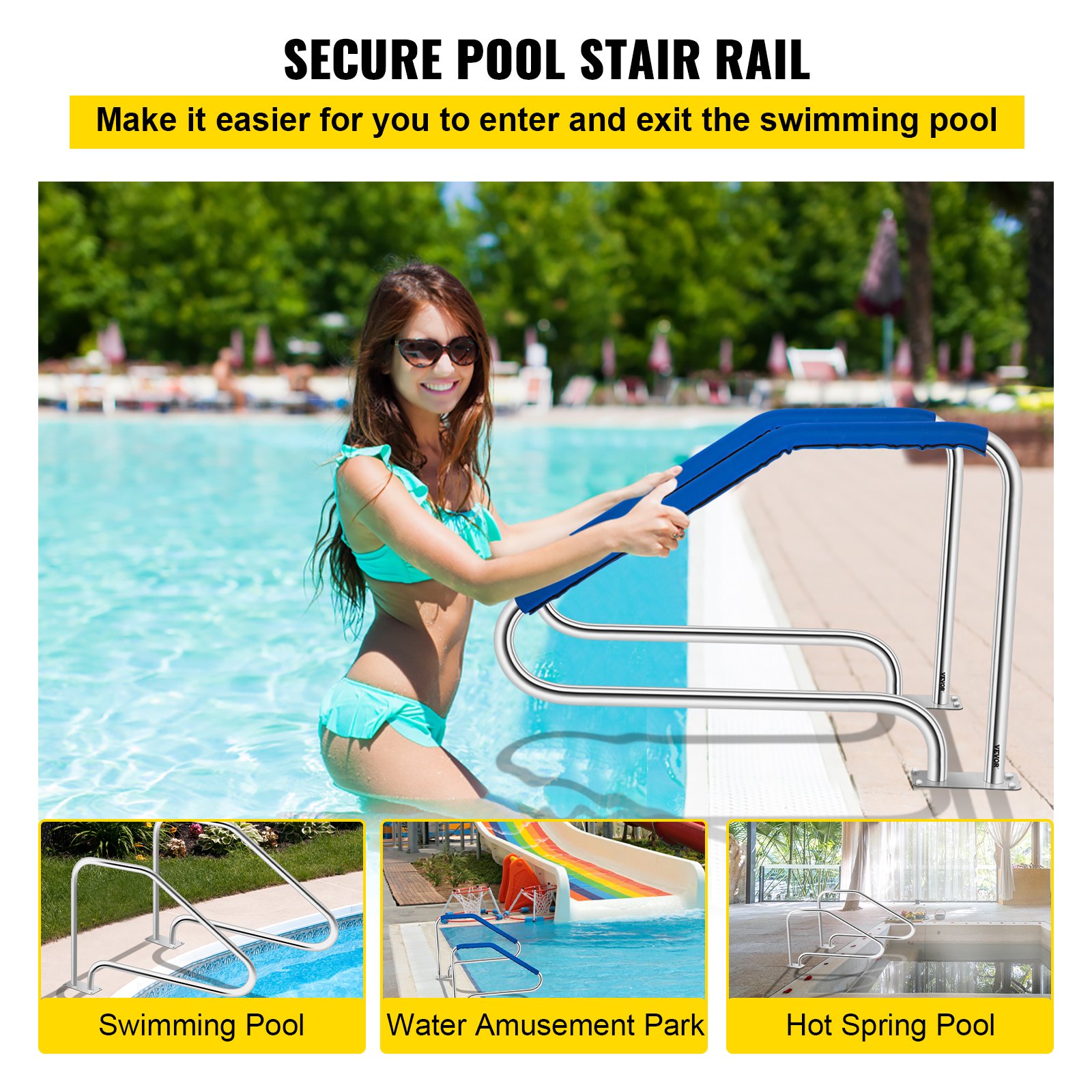VEVOR Pasamanos Piscina Barandilla para Piscina con Placa Base de Acero Inoxidable Baranda de Piscina 125,5 x 86,4cm Pasamanos fácil Montaje