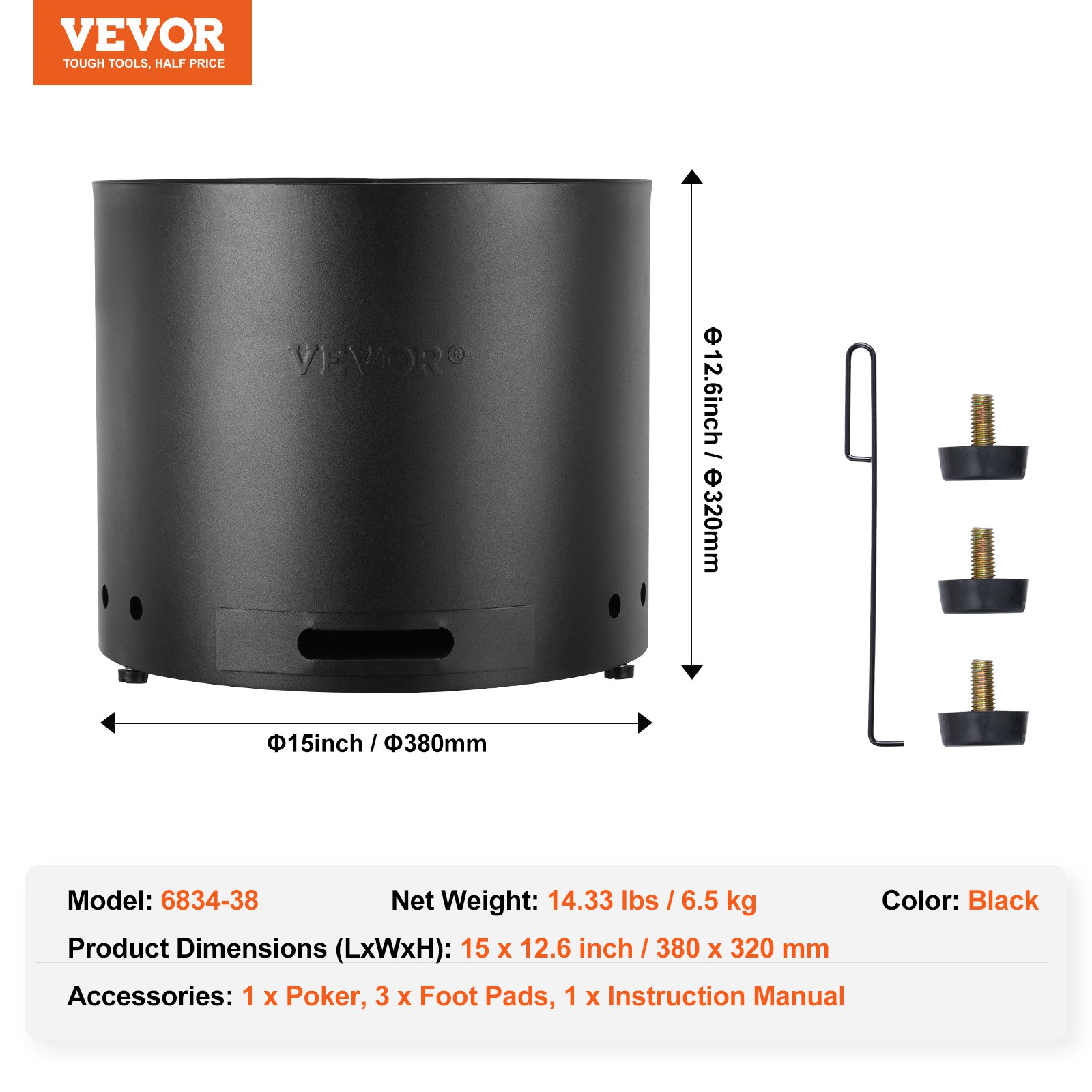 VEVOR Brasero de Leña sin Humo 380 x 320 mm Brasero con Bandeja de Ceniza Extraíble Brasero Portátil para Interiores y Exteriores de Acero Inoxidable SUS430, para Acampar en el Patio al Aire Libre