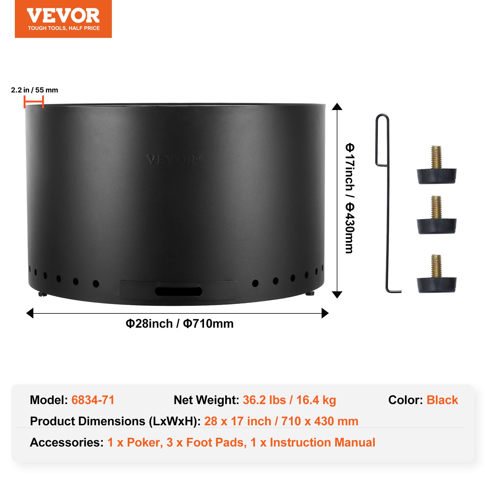 VEVOR Brasero de Leña sin Humo 710 x 450 mm Brasero con Bandeja de Ceniza Extraíble Brasero Portátil para Interiores y Exteriores de Acero Inoxidable SUS430, para Acampar en el Patio al Aire Libre