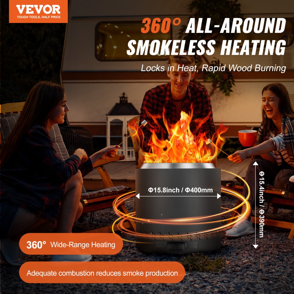 VEVOR Smokeless Fire Pit Stove, Campfire, H: 39.4 cm x Diameter: 39.6 cm, Wood Fireplace with Removable Ash Pan, Portable Fire Pit Made of SUS430 Stainless Steel, for Camping on the Patio Outdoors