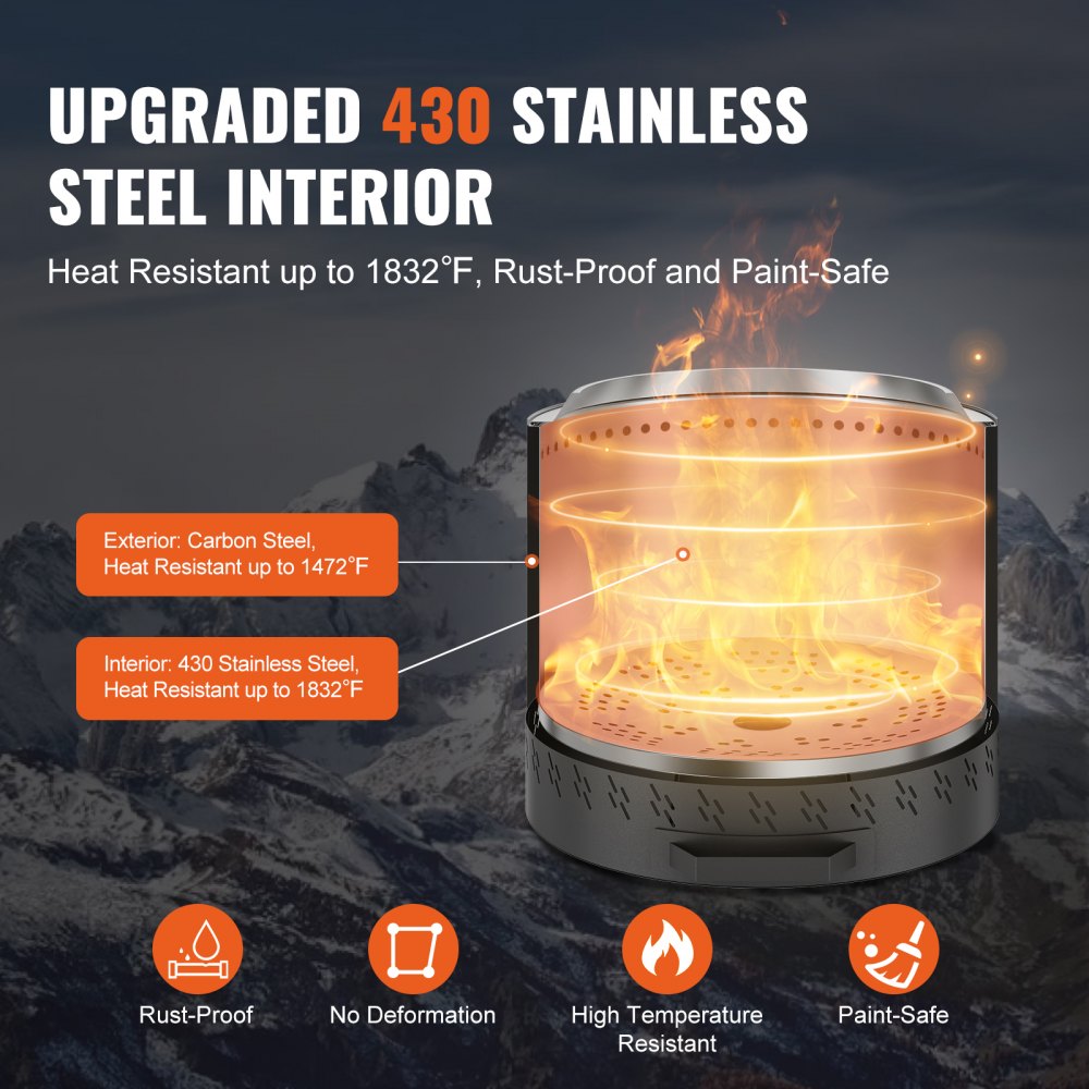 VEVOR Smokeless Fire Pit Stove, Campfire, H: 39.4 cm x Diameter: 39.6 cm, Wood Fireplace with Removable Ash Pan, Portable Fire Pit Made of SUS430 Stainless Steel, for Camping on the Patio Outdoors