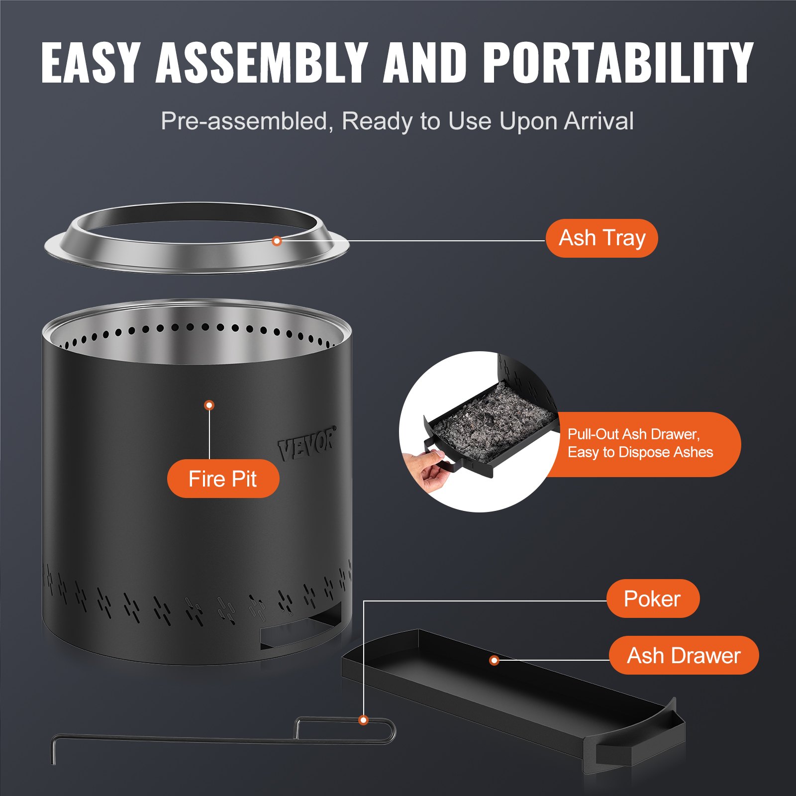 VEVOR Smokeless Fire Pit Stove, Campfire, H: 39.4 cm x Diameter: 39.6 cm, Wood Fireplace with Removable Ash Pan, Portable Fire Pit Made of SUS430 Stainless Steel, for Camping on the Patio Outdoors