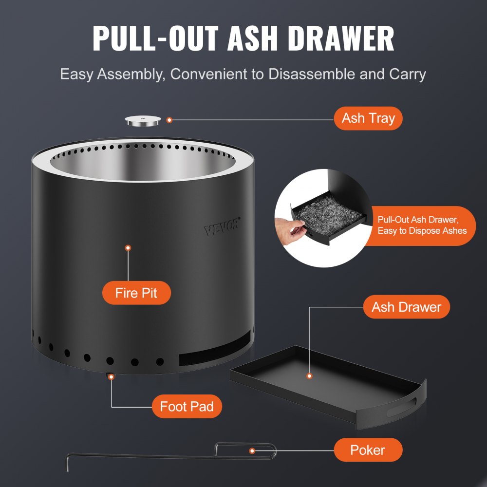 VEVOR Brasero de Leña sin Humo 490 x 390 mm Brasero con Bandeja de Ceniza Extraíble Brasero Portátil para Interiores y Exteriores de Acero Inoxidable SUS430, para Acampar en el Patio al Aire Libre