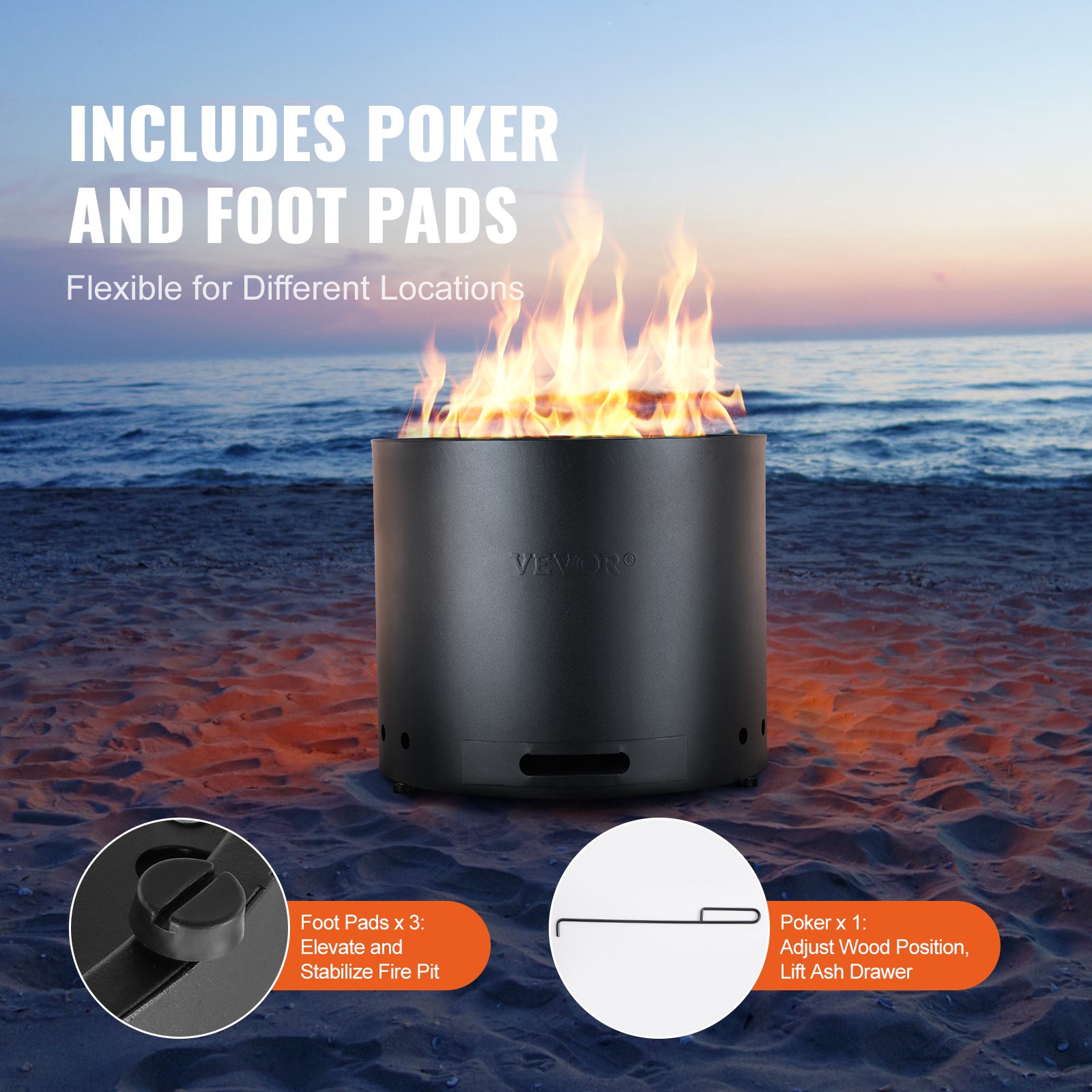 VEVOR Smokeless Fire Pit Stove, Campfire, H: 15.4 in x Diameter: 19.3 in, Wood Fireplace with Removable Ash Pan, Portable Outdoor Fire Pit Made of SUS430 Stainless Steel, for Camping on the Patio