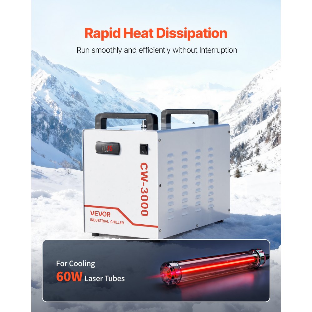 VEVOR Enfriador de Agua Industrial CW-3000, Sistema de Refrigeración por Aire con Depósito de 9 L, Caudal Máximo 10 L/min, con Ventilador de Alta Velocidad, para Máquinas de Grabado de 40–60 W