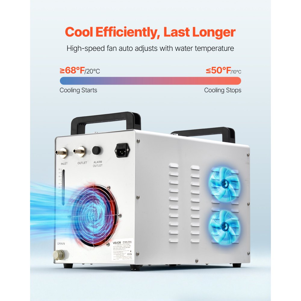 VEVOR Enfriador de Agua Industrial CW-3000, Sistema de Refrigeración por Aire con Depósito de 9 L, Caudal Máximo 10 L/min, con Ventilador de Alta Velocidad, para Máquinas de Grabado de 40–60 W