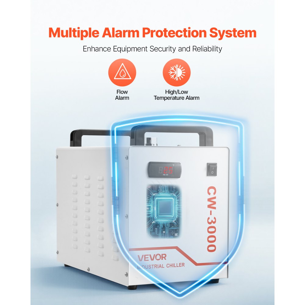 VEVOR Enfriador de Agua Industrial CW-3000, Sistema de Refrigeración por Aire con Depósito de 9 L, Caudal Máximo 10 L/min, con Ventilador de Alta Velocidad, para Máquinas de Grabado de 40–60 W
