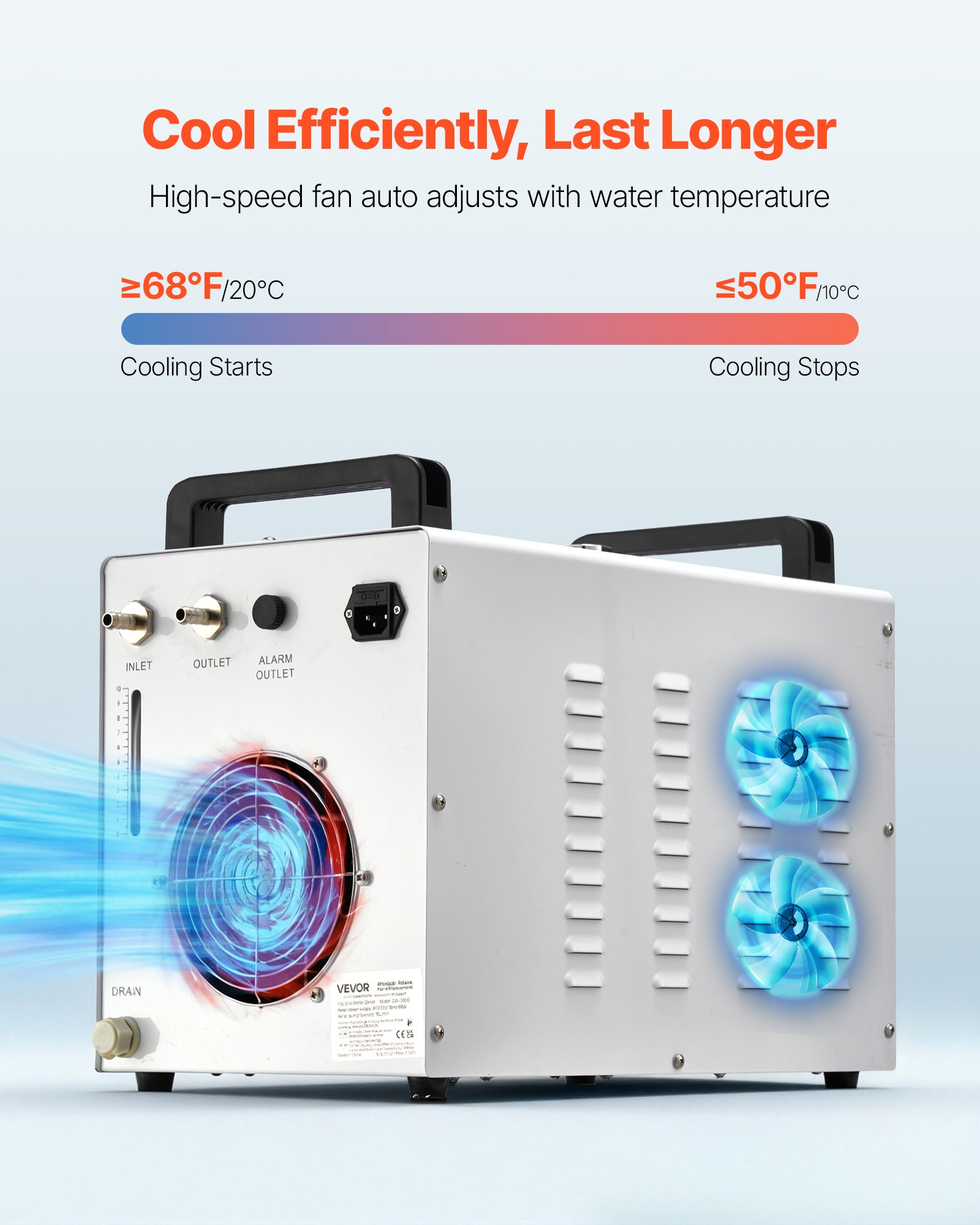 VEVOR Enfriador de Agua Industrial Caudal Máximo de 2,64 GPM Sistema de Enfriamiento de Enfriador de Agua con Tanque de 7 L con Ventilador de Alta Velocidad para Máquina de Grabado y Corte Láser 65 W