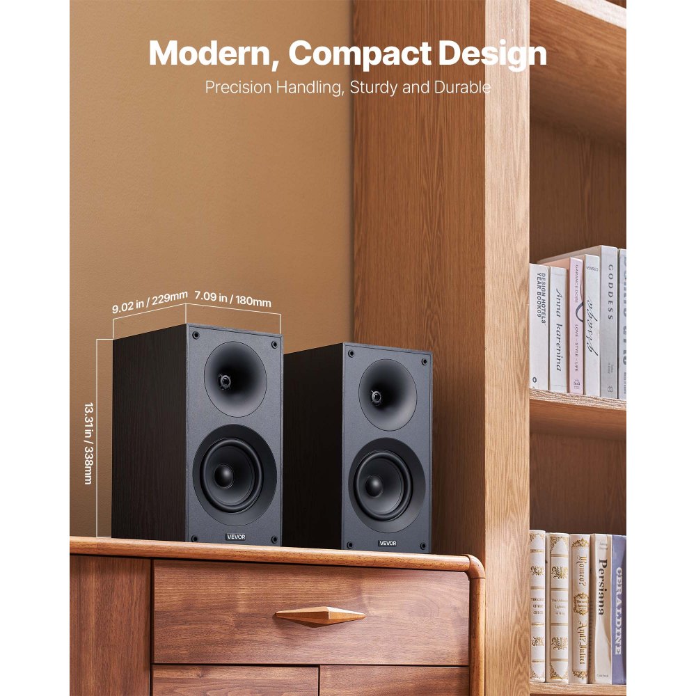 VEVOR Passive Bookshelf Speaker, 300W, Book Shelf Stereo Speakers with 133.35 mm Woofer and 1-Inch Tweeter, Detachable Grille, 65Hz-20KHz Frequency Response, Wooden Enclosure, for Home Theater (1 Pair)